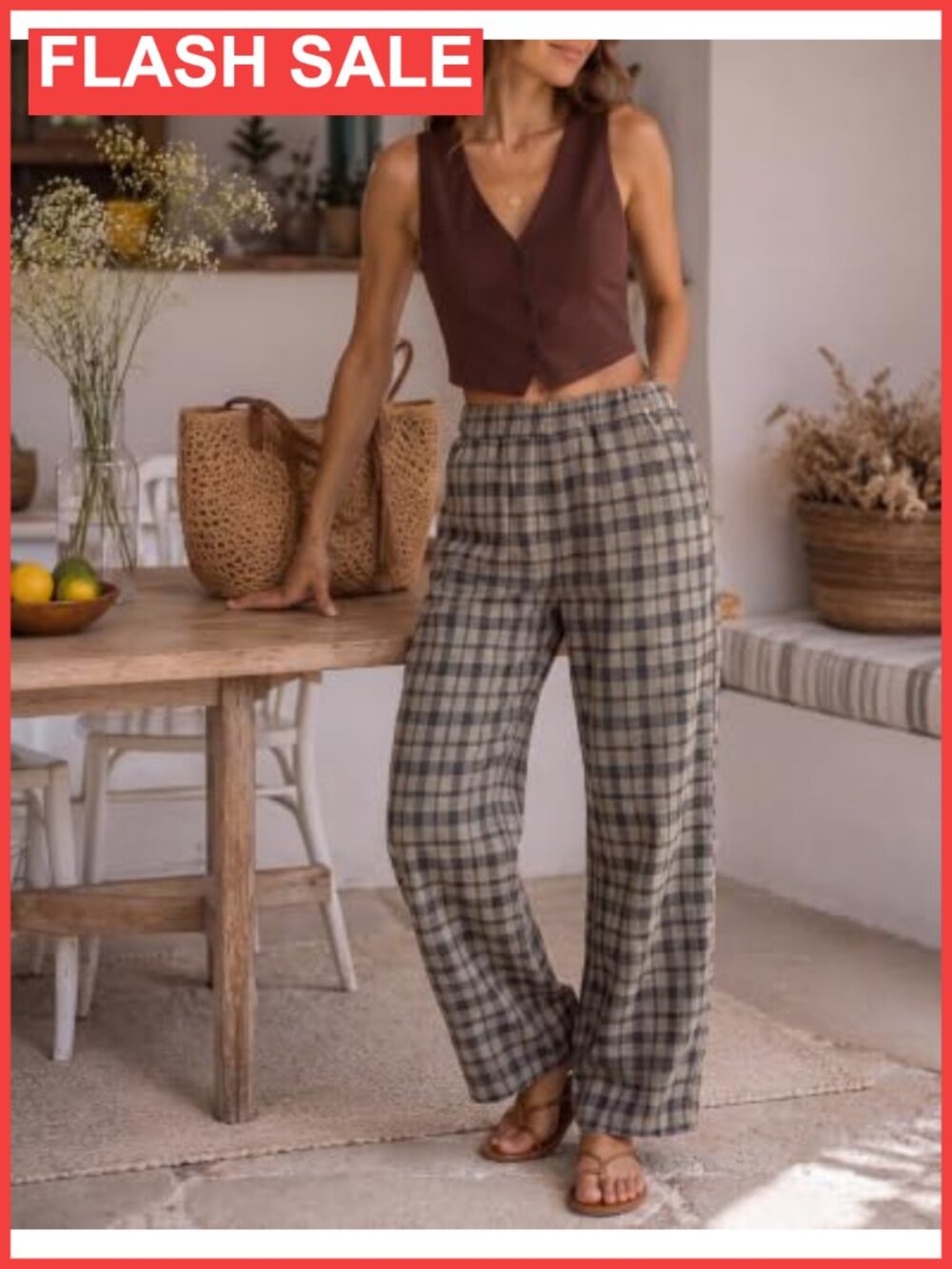 Plaid Wide Leg Pants High Elastic Waist Pull On Work Trousers - Picture 2 of 6